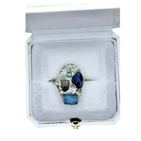 Brutalist Sea Glass Cocktail Ring & Crystal Accent Size 9 - Picture 3 of 12